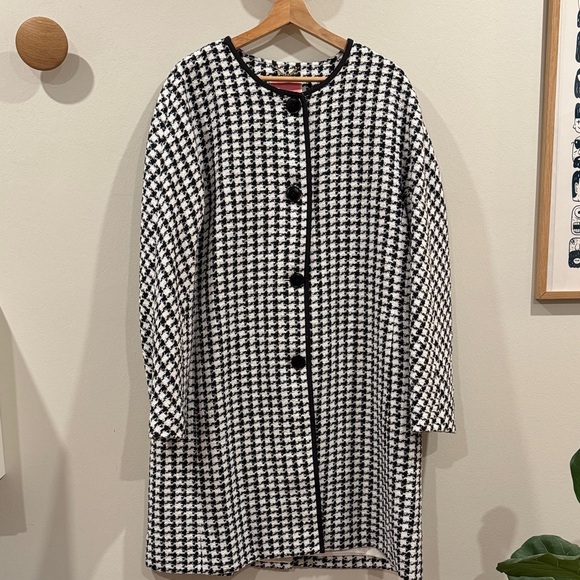 kate spade Jackets & Blazers - Kate Spade Women’s Houndstooth Tweed Coat Black White Crewneck Pea Coat Size XL